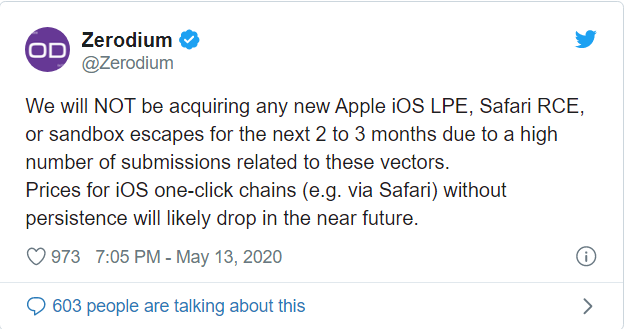 Bài viết trên Twitter của Zerodium (Nguồn: Twitter)