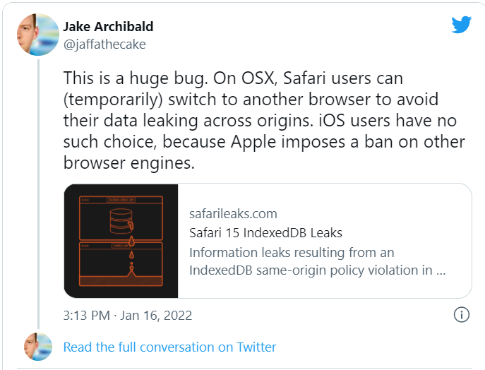 Bài đăng trên Twitter cảnh báo về lỗi bảo mật trên Safari 15 (Ảnh: The Verge)