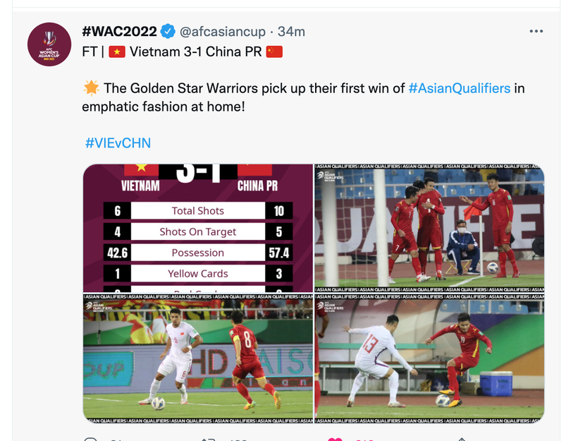 AFC ca ngợi chiến thắng của tuyển Việt Nam trước Trung Quốc