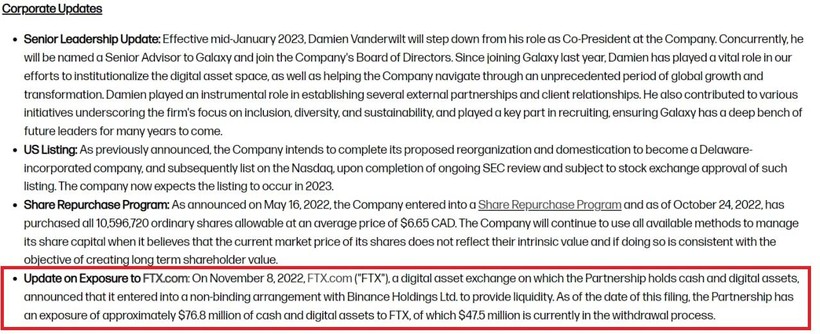 Galaxy Digital tiết lộ mối quan hệ đối tác với FTX trong báo cáo quý 3/2022 (Nguồn: Galaxy Digital)